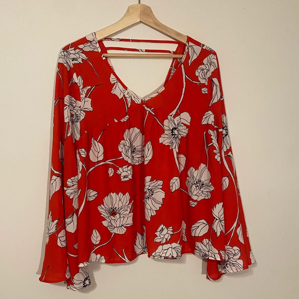 red flowy floral bell sleeve top